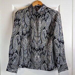 Ann Taylor Petites Navy Blue Paisley Silk LS Blouse